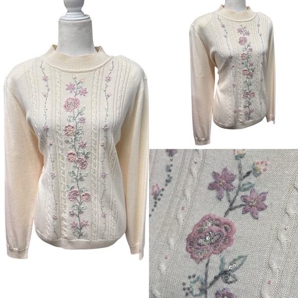 Vtg Style Grandmacore  Sweater Off White Floral Embroidery Mock Neck Women Sz XL - Picture 1 of 16